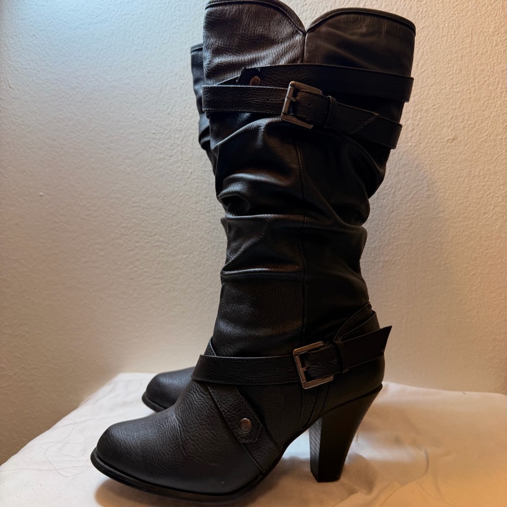 Rampage Black Slouchy Mid-Calf Buckle Heeled Boots